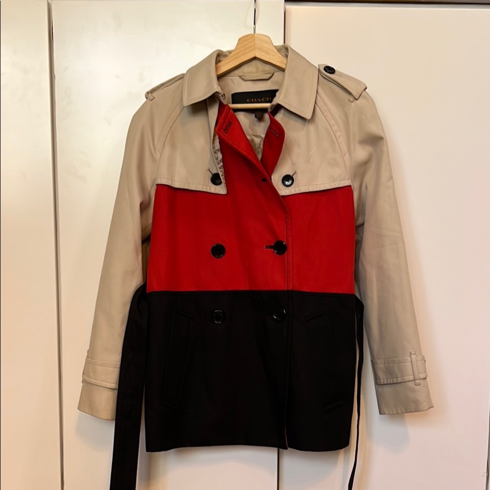 Coach Colorblock Trench rain Coat - Red, Black, and Beige small
